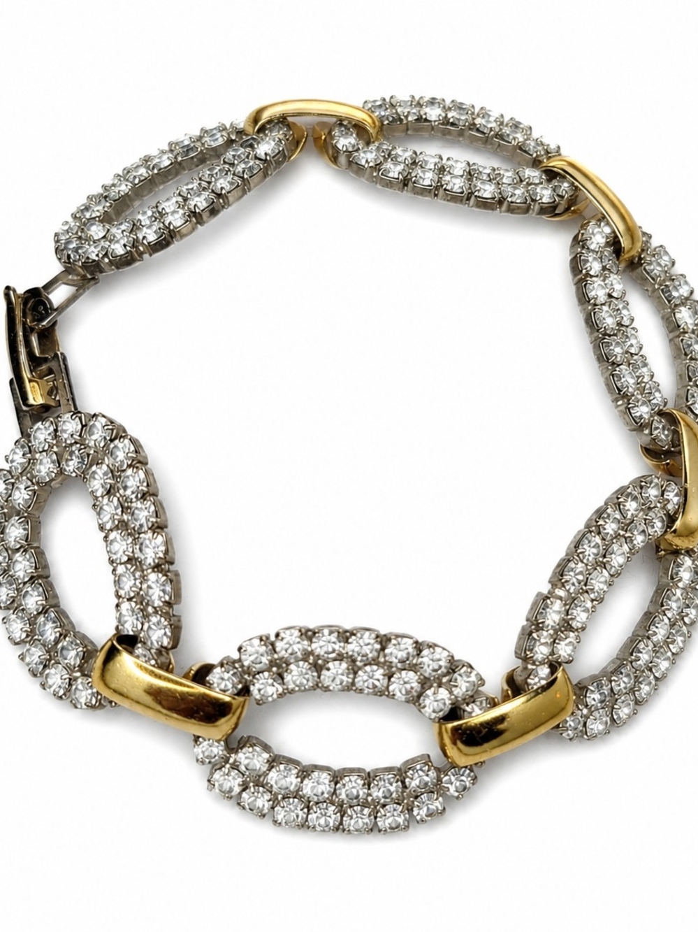 Vintage Double Oval Rhinestone Bracelet Two Tone Gold Silver Evening Glam